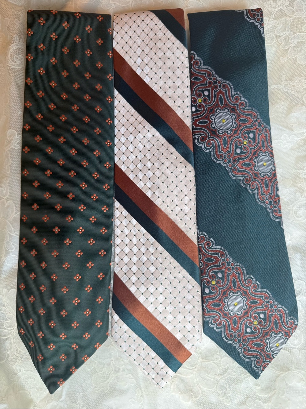 Vintage Three-Tie Set in Green, Rust & Navy